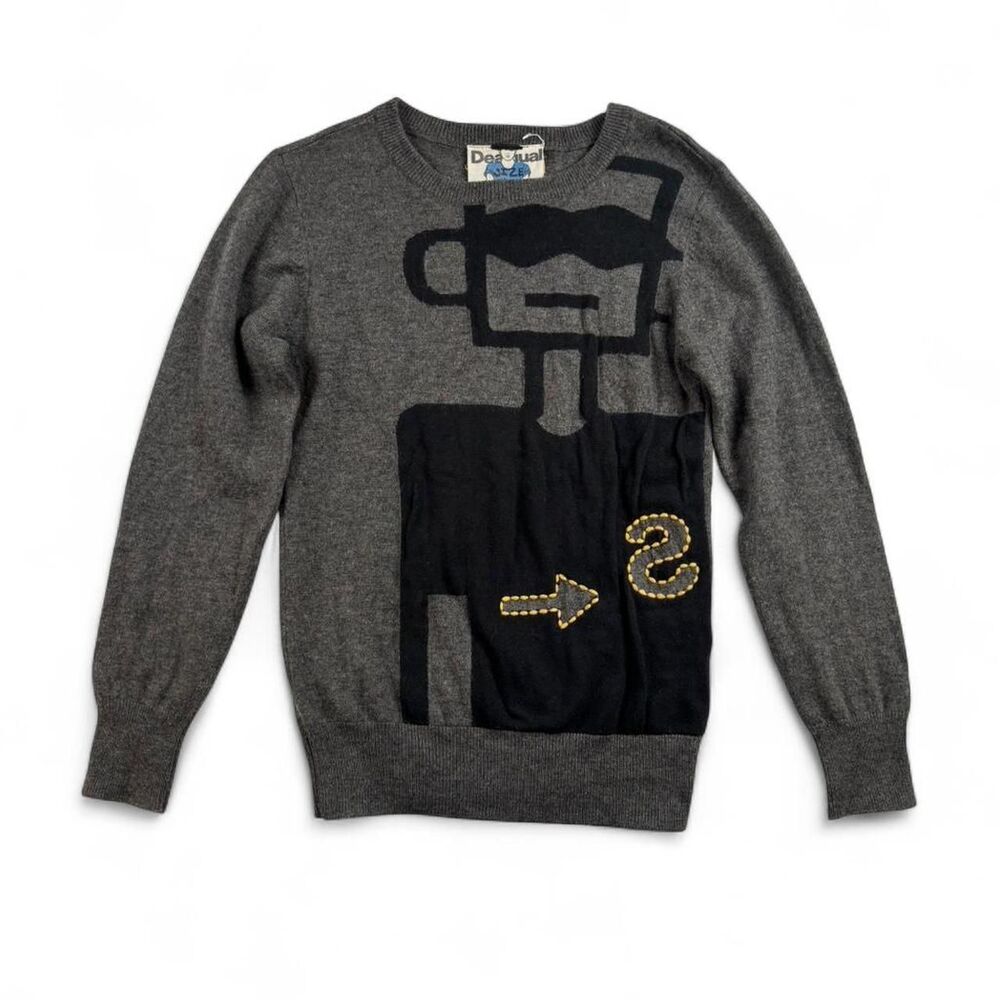Desigual Boys 9/10 Gray Graphic Sweater Abstract Design Knit Pullover